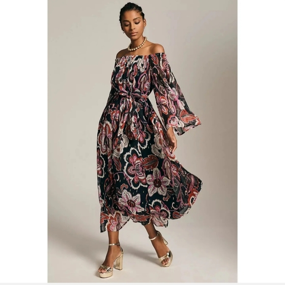 ANTHROPOLOGIE SAM & LAVI OFF THE SHOULDER BIRDS OF PARADISE CARDINALS DRESS XS - Picture 15 of 15